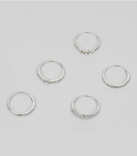 5 Pack Silver Diamante Rings | New Look