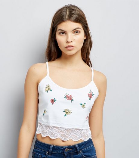 White Floral Puff Print Lace Hem Cami Top | New Look