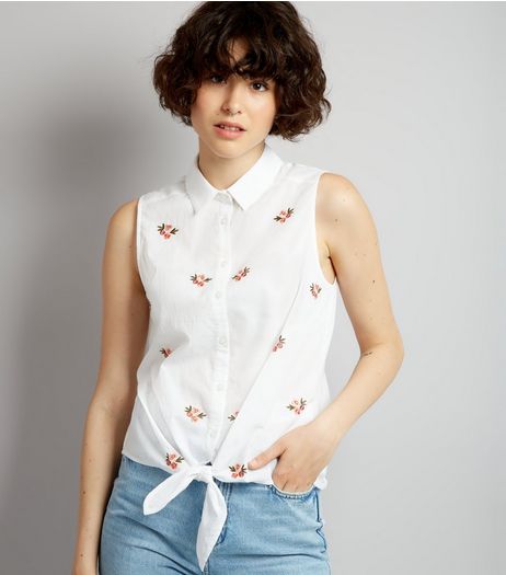 White Floral Embroidered Sleeveless Tie Front Shirt | New Look