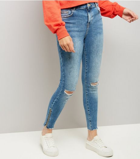 Blue Zip Hem Skinny Jeans | New Look