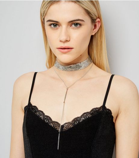 2 Pack Silver Chain Mail Drop Detail Chokers | New Look