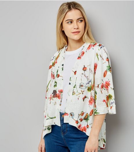Mela White Floral Print 3/4 Sleeve Kimono | New Look