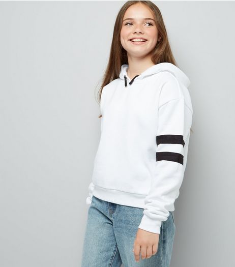 Teens White Stripe Sleeve Hoodie | New Look