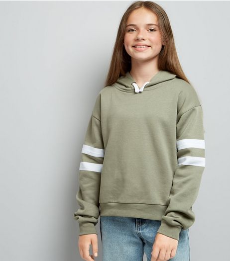 Teens Khaki Stripe Sleeve Hoodie | New Look