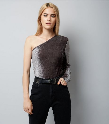 Pink Vanilla Grey One Shoulder Velvet Bodysuit | New Look