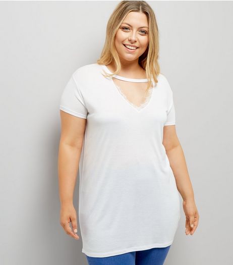 Curves White Lace Trim Choker T-Shirt | New Look