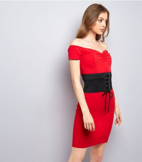 Pink Vanilla Red Corset Belt Bardot Dress | New Look
