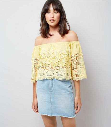 Blue Vanilla Yellow Lace Bardot Neck Top | New Look