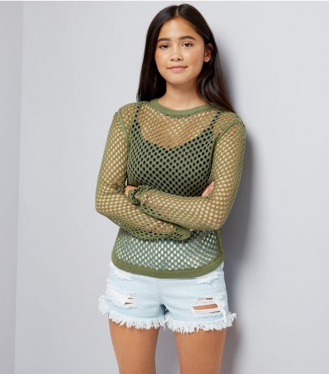 Teens Khaki Long Sleeve Mesh Top | New Look