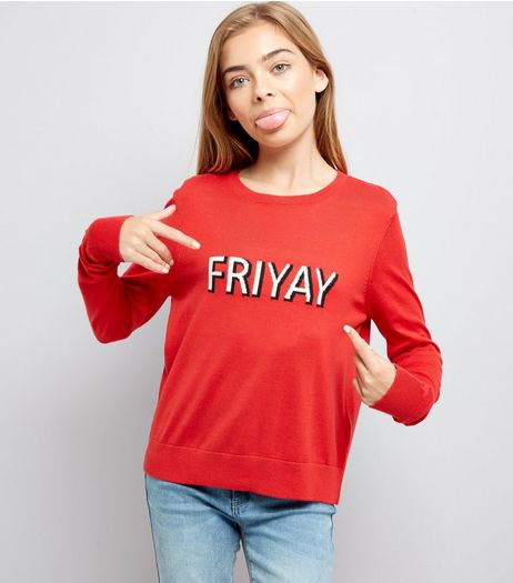 Teens Red Friyay Slogan Jumper | New Look