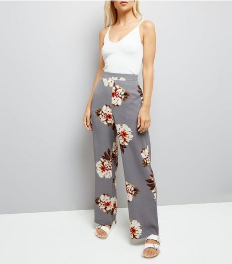 Grey Floral Print Wide Leg Trousers | New Look