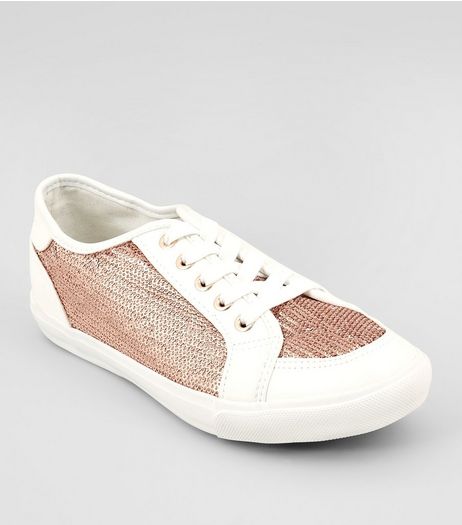 Wide Fit Rose Gold Sequin Panel Lace Up Trainers | New Look