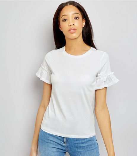 White Woven Frill Sleeve T-Shirt | New Look