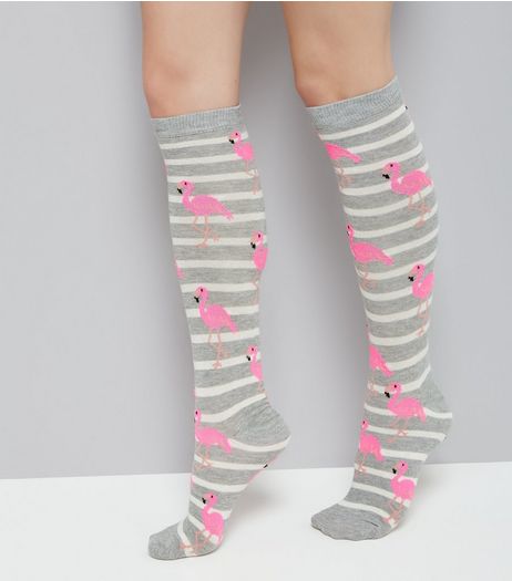 Grey Flamingo Print Knee High Socks | New Look