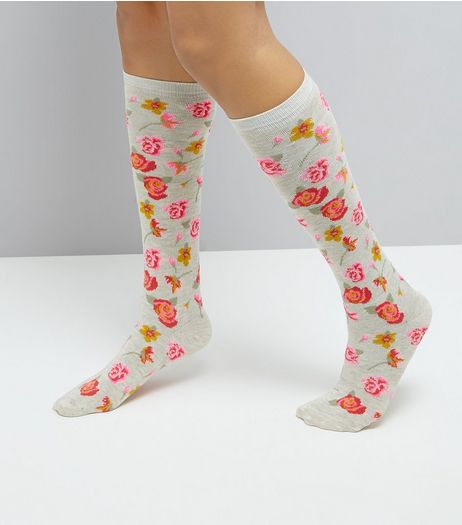 Grey Floral Print Knee High Socks | New Look