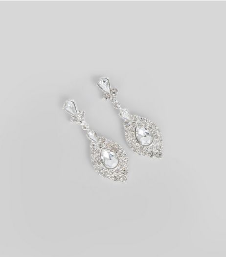 Silver Crystal Embellished Teardrop Earrings | New Look