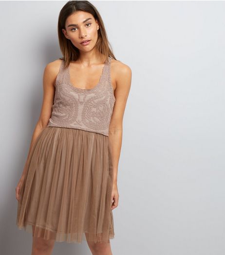 Apricot Stone Embroidered Mesh Tutu Dress | New Look