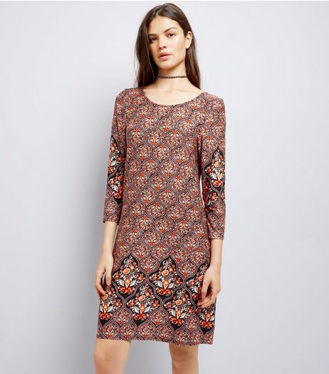 Apricot Brown Abstract Print Swing Dress | New Look