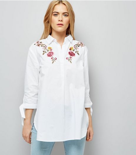 White Floral Embroidered Tie Sleeve Shirt | New Look