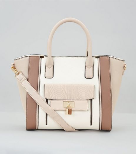 Cream Colour Block Structured Tote Bag | New Look