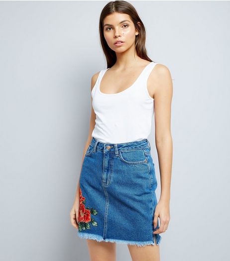 Blue Floral Applique High Waist Denim Skirt | New Look