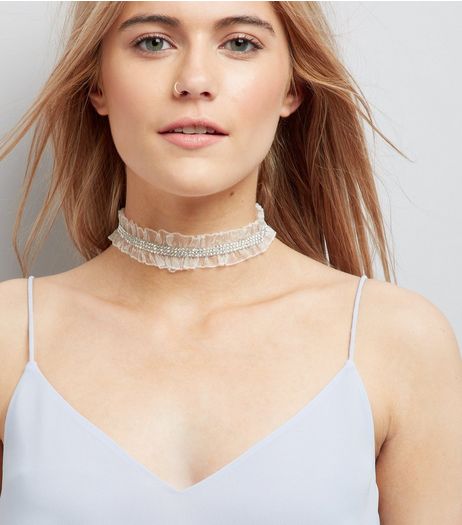 White Mesh Ruffle Diamante Choker | New Look