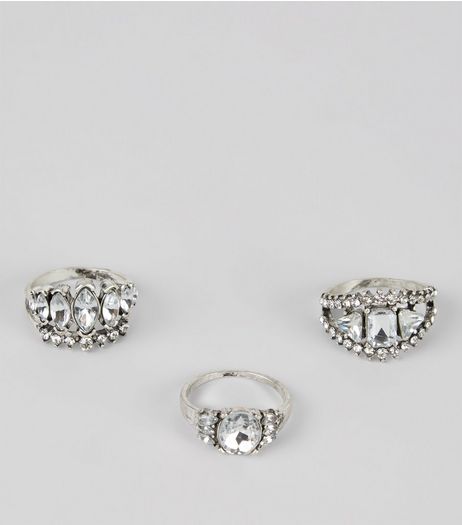 3 Pack Silver Statement Stone Rings | New Look