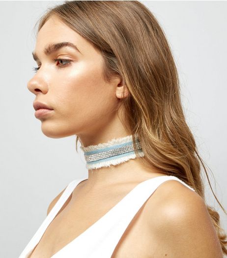Blue Distressed Denim Diamanté Detail Choker | New Look