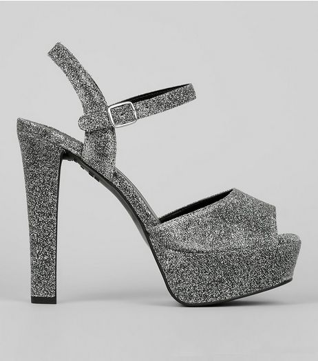 Wide Fit Silver Glitter Platform Peep Toe Heels | New Look