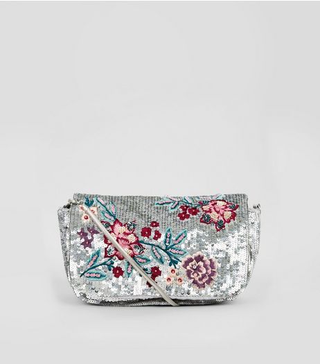 Silver Sequin Floral Detail Shoulder Bag | New Look