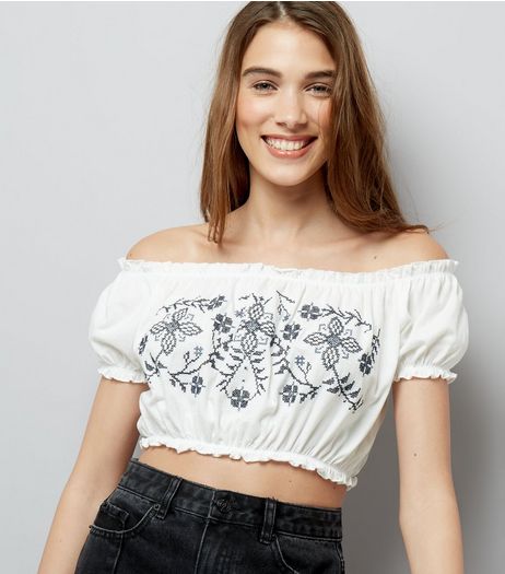 White Cross Stitch Embroidered Bardot Neck Crop Top | New Look