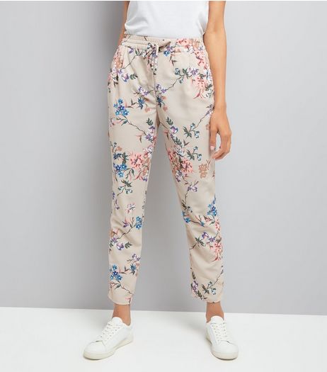 Stone Floral Print Tie Waist Trousers | New Look