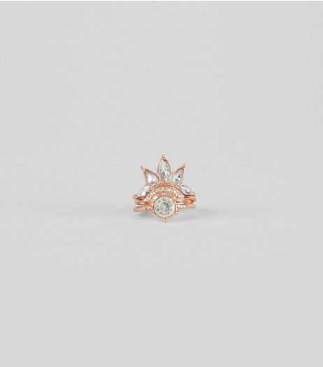Gold Crystal Teardrop Ring Stack | New Look