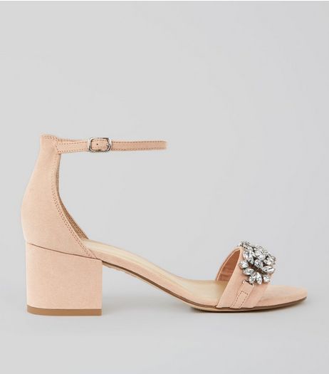 Cream Suedette Embellished Block Heel Sandals | New Look