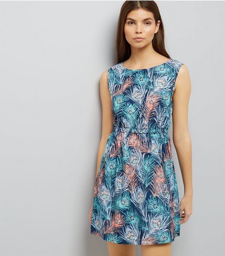 Apricot Turquoise Peacock Print Dress | New Look