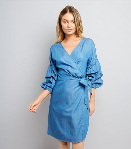 Blue Ruched Sleeve Wrap Dress | New Look