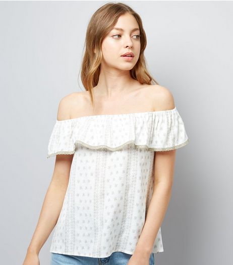 Apricot Stone Frill Trim Bardot Neck Top | New Look