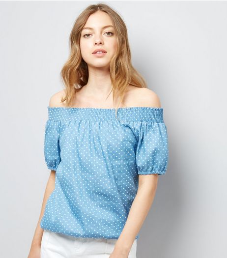 Apricot Blue Polka Dot Print Bardot Neck Top | New Look