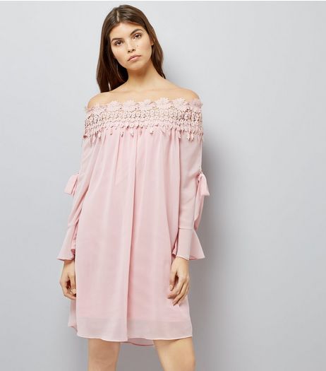 Cameo Rose Shell Pink Crochet Lace Bardot Dress | New Look