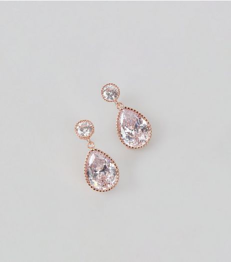 Rose Gold Cubic Zirconia Teardrop Earrings | New Look