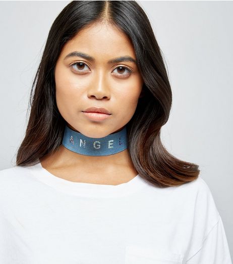 Denim 'Angel' Slogan Choker | New Look