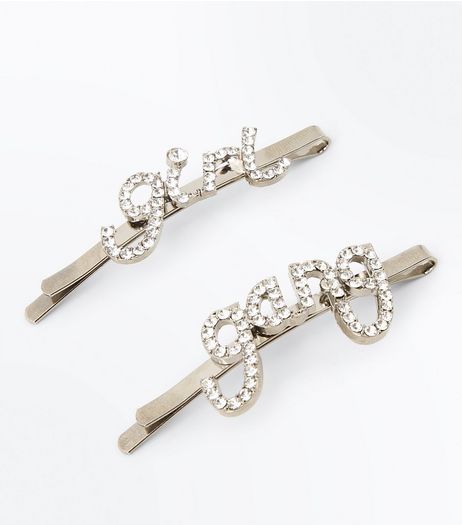 Silver Girl Gang Diamanté Embellished Hair Slides | New Look