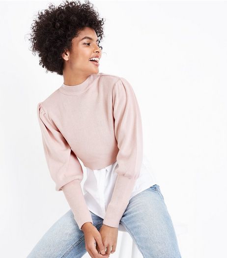 Shell Pink Puff Sleeve Cropped Jumper | New Look