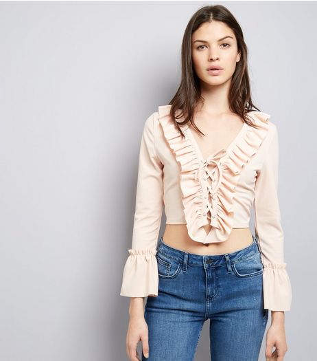 Cameo Rose Shell Pink Lace Up Frill Trim Crop Top | New Look