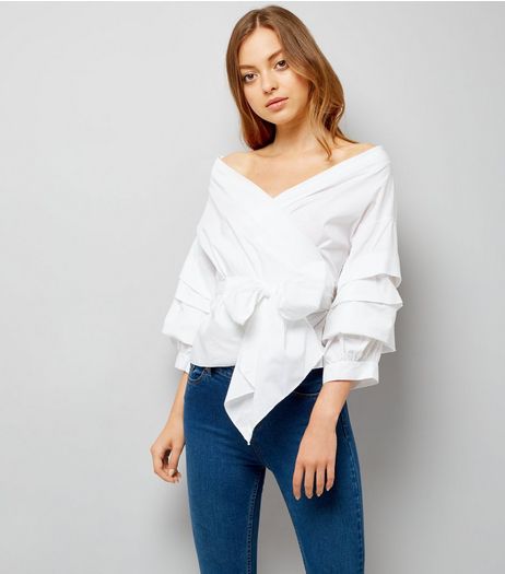 Cameo Rose White Tie Front Tiered Sleeve Top | New Look