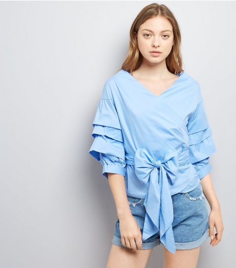 Cameo Rose Blue Tie Front Tiered Sleeve Top | New Look