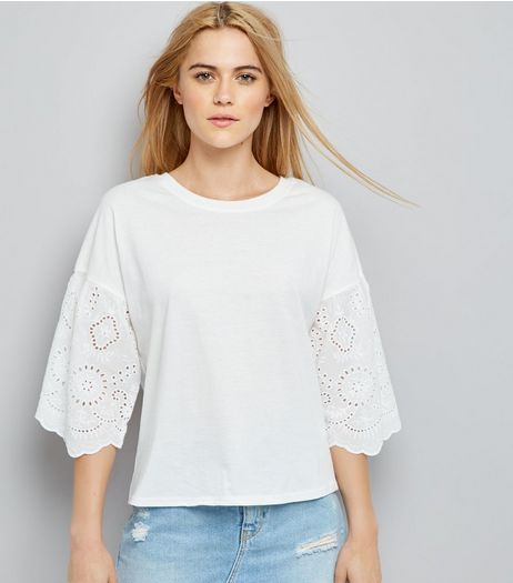 White Broderie Sleeve T-Shirt | New Look