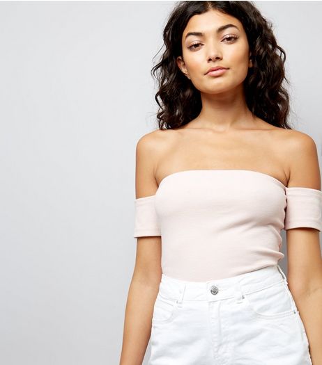 Shell Pink Ribbed Bardot Neck Top | New Look