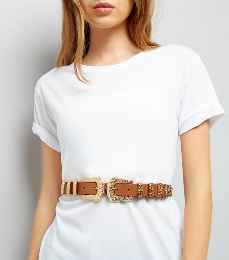 Tan Western Double Buckle Belt | New Look