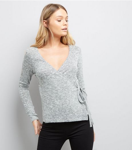 Grey V Neck Tie Side Wrap Top | New Look